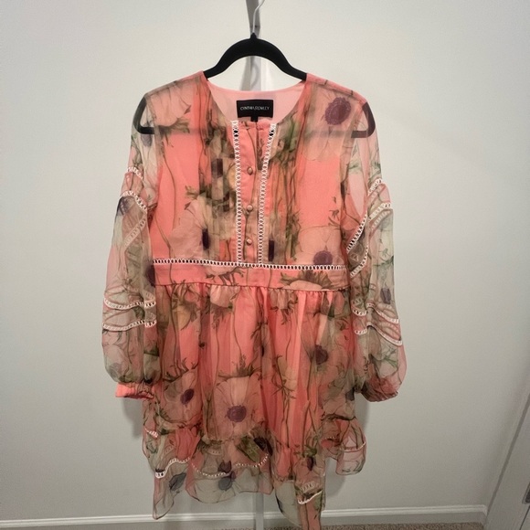 Coral Floral Sheer Dress- CYNTHIA ROWLEY ORGANZA DRESS - Picture 3 of 4